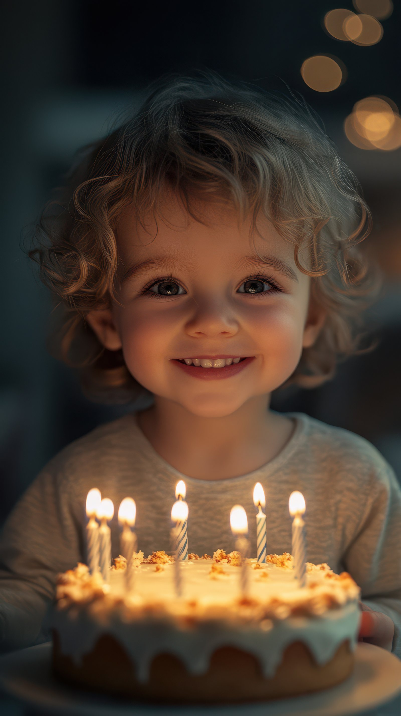 Child celebrates a birthday with joy while holding a cake adorned with candles in a softly lit room